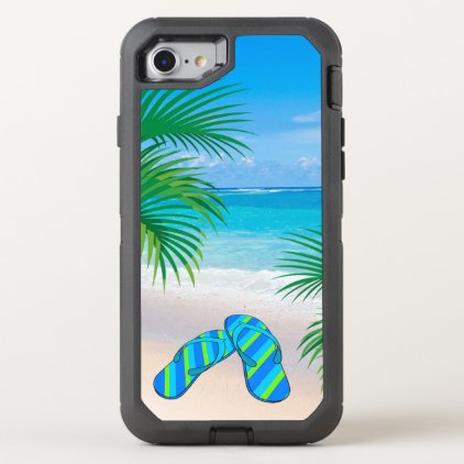 Tropical Beach with Palm Trees and Flip Flops OtterBox Defender iPhone 7 Case