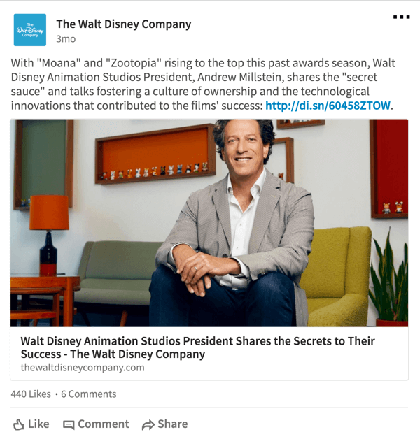 On LinkedIn, Disney shares content about their business, such as how movies perform at the box office.