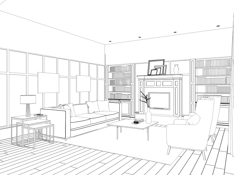 Sketch or drawing of a living room layout design. 