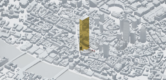 The Ingot, a proposal by the REAL Foundation for The Ingot, a gold-plated tower sited next to London Bridge, and designed to house low-paid, precarious workers. Image Courtesy of Real Foundation