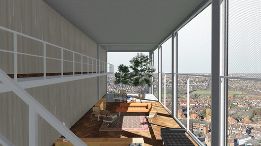 Interior view of Default Grey, a proposal for a domestic tower that provides inhabitants autonomy from debt and enough anonymity to shield them from surveillance. Image Courtesy of Real Foundation
