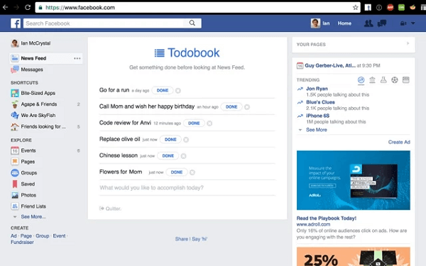 Todobook blocks your Facebook news feed until you get your priorities done for the day.