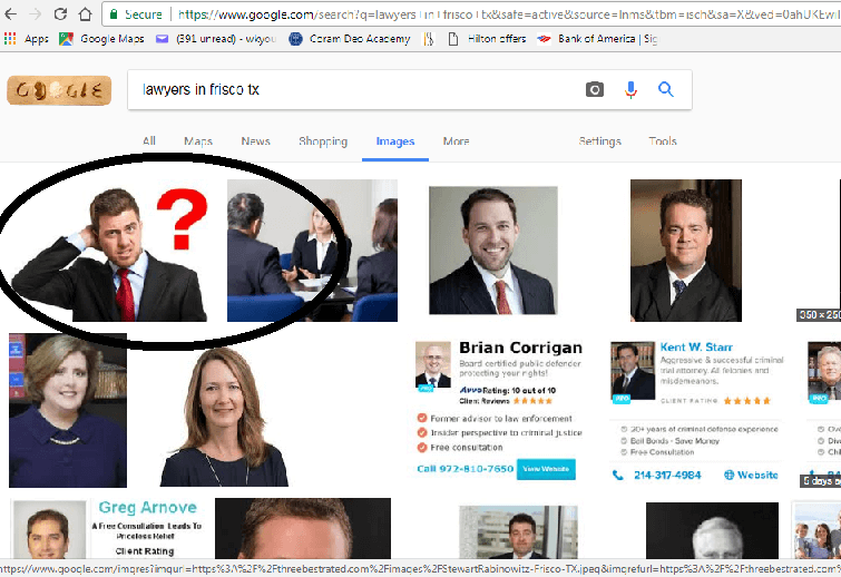 A stock image looks fake next to real pictures of lawyers in Google Image search results