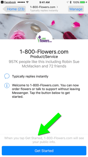Sending a message to 1-800-Flowers.com via their Facebook page makes it easy for users to become customers.