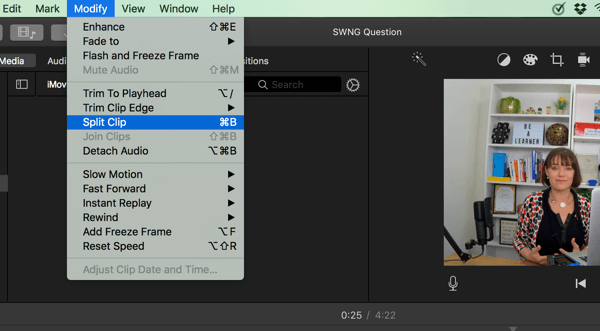 In iMovie, split your video into segments by selecting Modify > Split Clip.