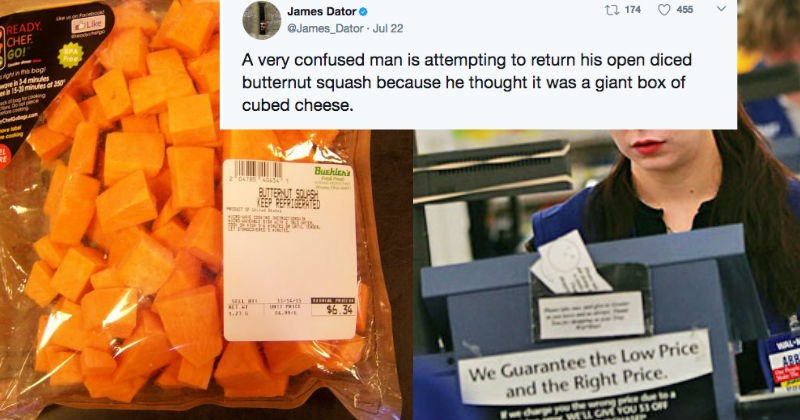 Confused guy live-tweets an angry man's fight to return butternut squash that he mistook for cheese.
