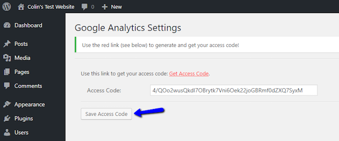Save Google Analytics Access Code