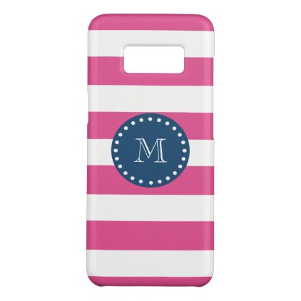 Hot Pink Stripes Pattern, Navy Blue Monogram Case-Mate Samsung Galaxy S8 Case