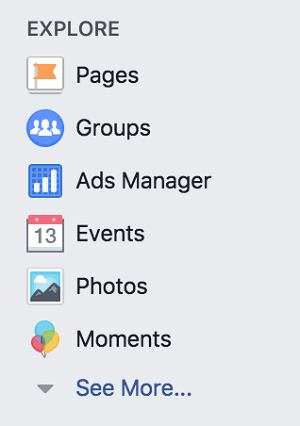 Access Facebook Groups from the Explore section of your Facebook personal profile.