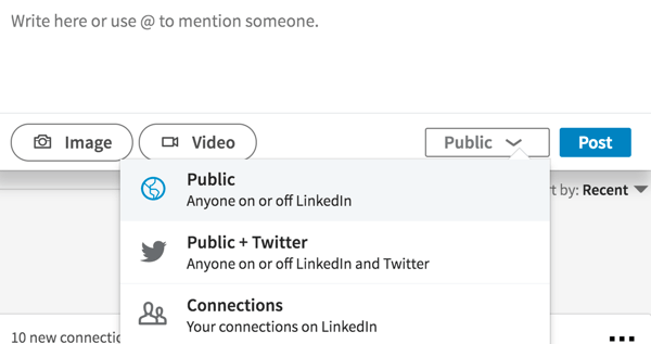 To make a LinkedIn post visible to anyone, select Public from the drop-down list.