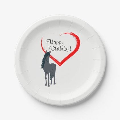 Pretty Black Horse and Red Heart Happy Birthday Paper Plate