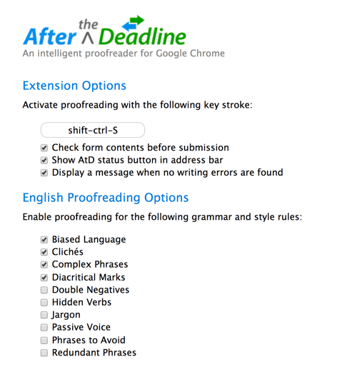 Customize After the Deadline to check your blog posts for issues that matter to you.