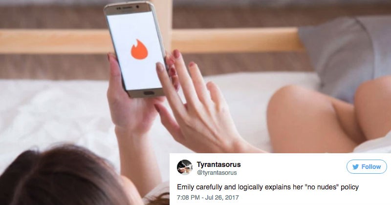 Girl on Tinder goes viral over her strict, and reasonable "no nudes" policy.