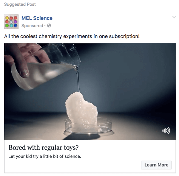 This MEL Science Facebook ad uses clips from a YouTube video.