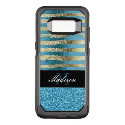 Blue Glitter and Gold Foil Trendy Modern Monogram OtterBox Commuter Samsung Galaxy S8 Case