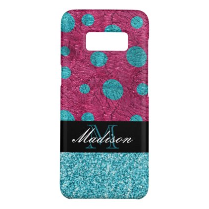 Pink and Blue Polka Dot Glitter Monogram Trendy Case-Mate Samsung Galaxy S8 Case