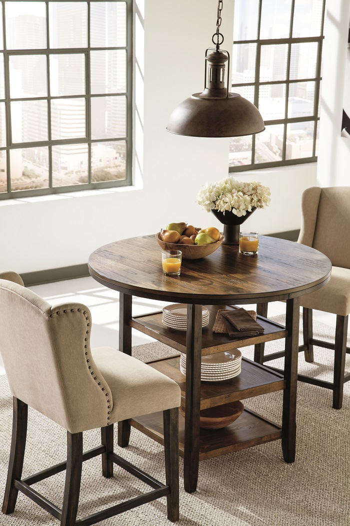 satisfy your vintage modern taste with these round counter height dining tables and upholstered wingback counter stools