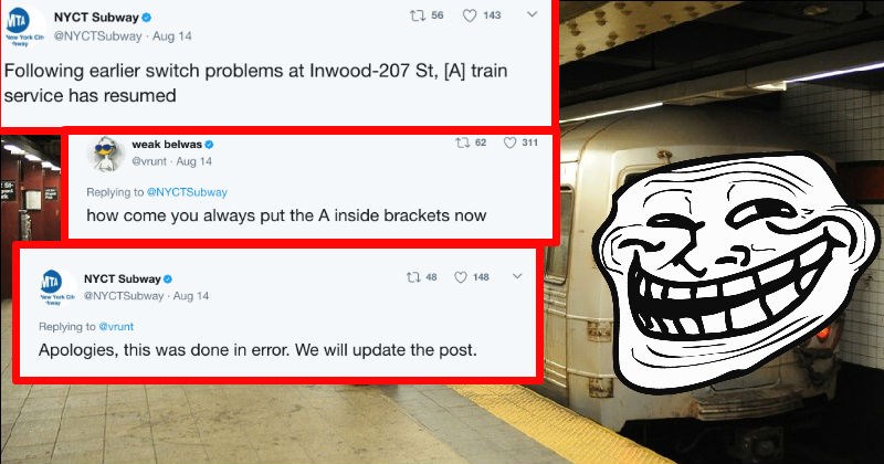 NYC Subway handles a complaint about their Twitter spelling with the perfect kind of trolling.