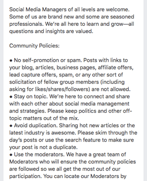 Here's an example of Facebook group rules.