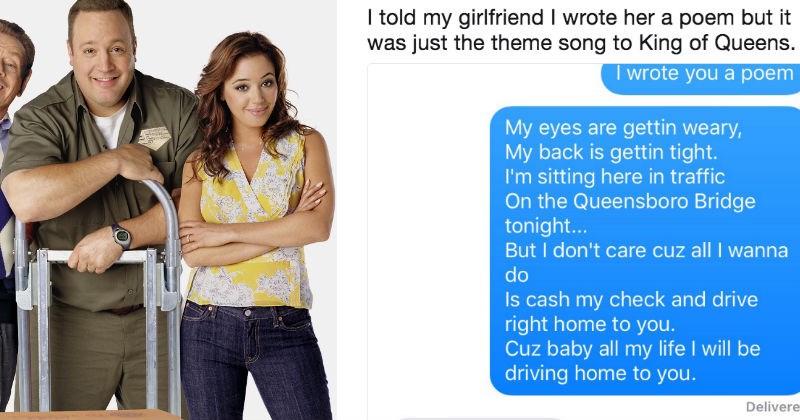 Guy texts girlfriend King of Queens lyrics and the internet steps in to help him out on Twitter.