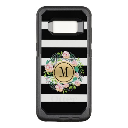 Black & White Stripes, Pink Roses Wreath, Monogram OtterBox Commuter Samsung Galaxy S8 Case