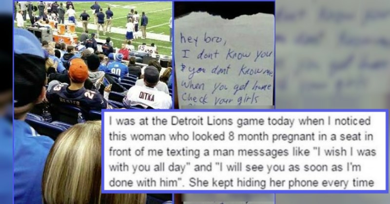 Guy leaves a note for a woman's husband after he sees her texting her other lover at a Detroit Lions game