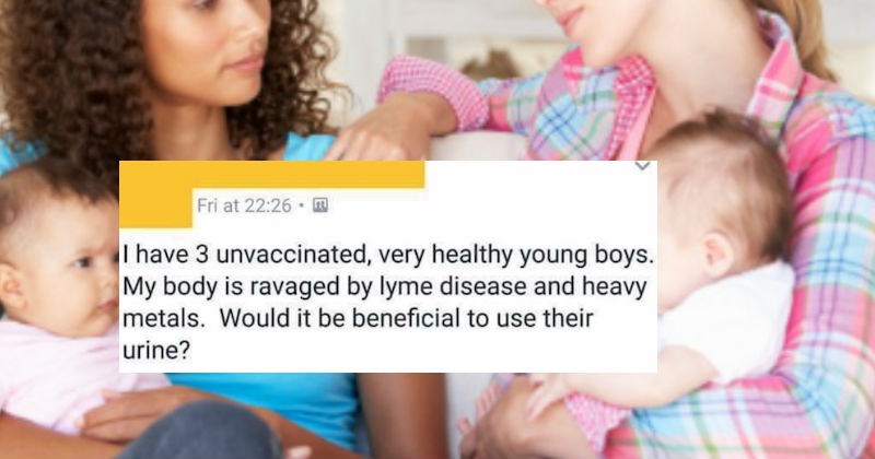 Crazy moms have ridiculous Facebook conversation about rubbing their child's urine on themselves.