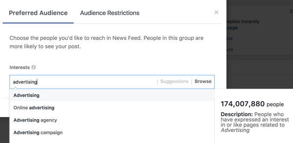 Once you type in an interest, Facebook will suggest additional interest tags for you.