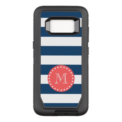 Navy Blue White Stripes Pattern, Coral Monogram OtterBox Defender Samsung Galaxy S8 Case