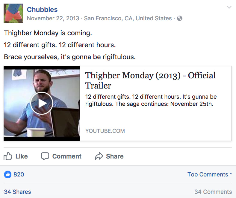 Chubbies Facebook post about Thighber Monday