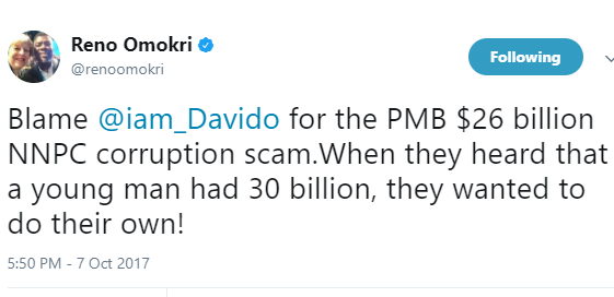 Davido should be blamed for the N26b NNPC scam – Reno Omokri
