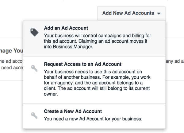 Select the option to create a new ad account in Business Manager.