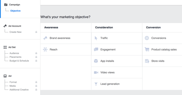 Select the objective for your Facebook campaign.