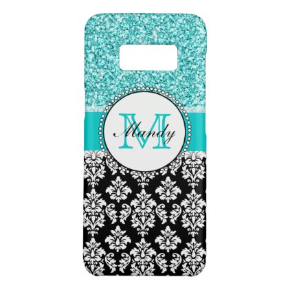 Personalized Name Girly Teal Glitter Black Damask Case-Mate Samsung Galaxy S8 Case