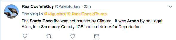 "The Santa Rosa fire was not started by climate, it was Arson by an illegal alien, in a sanctuary city," one user tweeted to President Trump.