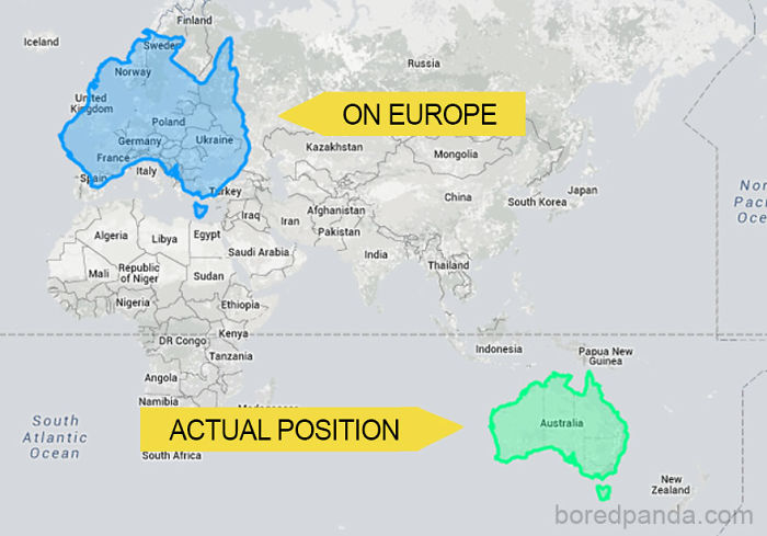 Buzzfeed: People often forget how big Australia is because it’s so far away from other land masses. Here’s what happens when you move it over Europe.