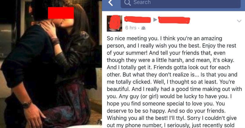 Guy leaves ridiculously sappy post on stranger's wall after having a kiss, on Facebook.