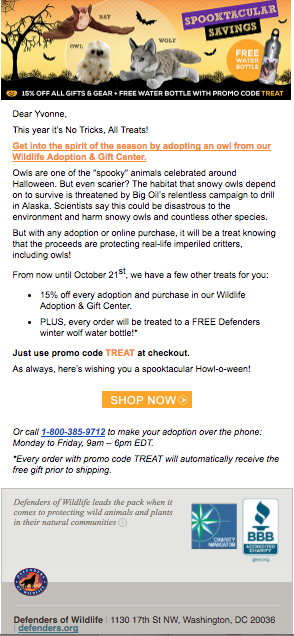 Defenders of Wildlife Halloween email subject line is a catcher. 