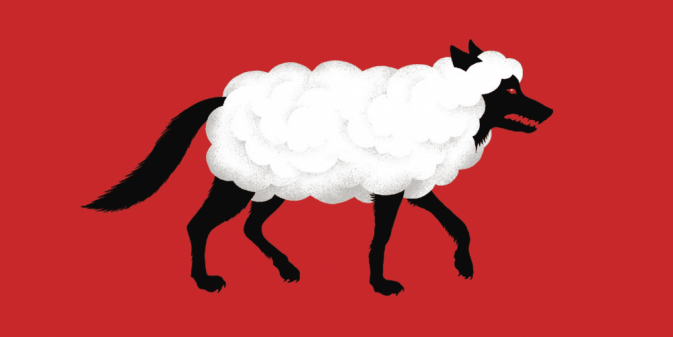 a wolf in sheep's clothing from the book cover of Maria Konnikova's Confidence Game