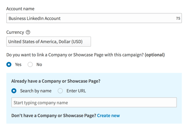 Fill in details to set up your LinkedIn advertising account.