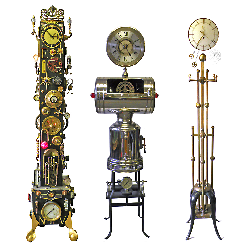 Three impossibly beautiful assemblage clock-sculptures
