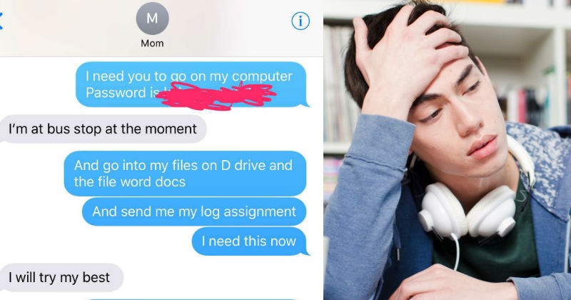 Guy forgets English assignment and his mom saves him with clutch texting move.