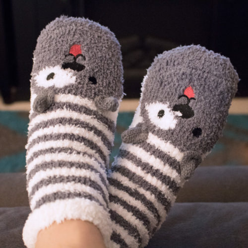 Grey Dog Ears Stripe Fuzzy Socks