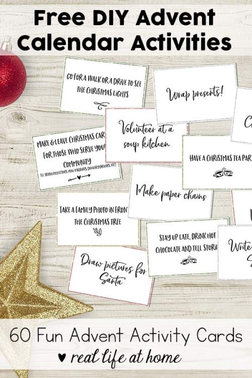 Free printable set of 60+ Advent activity cards for your family. These are also perfect as DIY Advent calendar activities. #Advent #AdventActivities #AdventCalendar | Real Life at Home