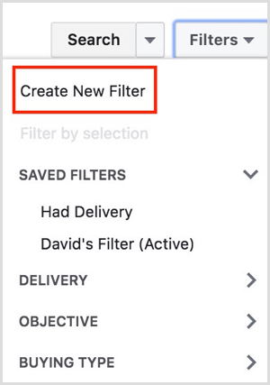 facebook ads manager create new filter