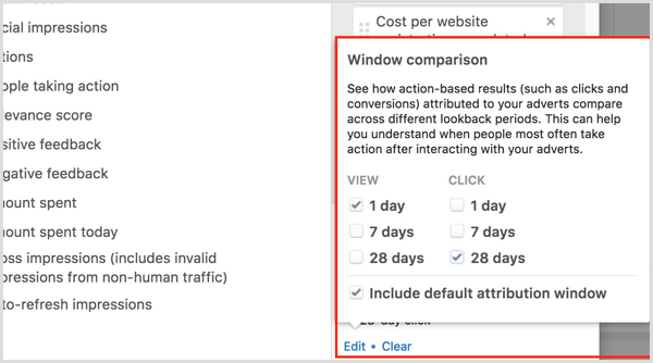 facebook ads manager attribution window comparison