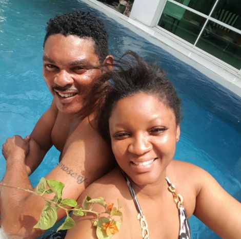 Omotola Shares Pics With Hubby Playing In Swimming Pool