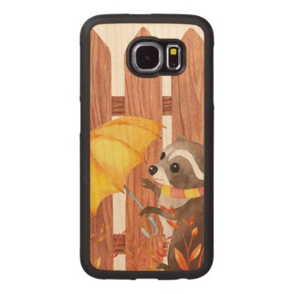 racoon with umbrella walking by fence wood phone case
