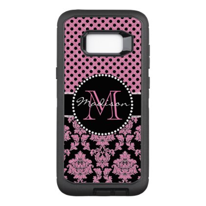 Pink glitter &amp; black damask, Pink Black Dots Name OtterBox Defender Samsung Galaxy S8+ Case