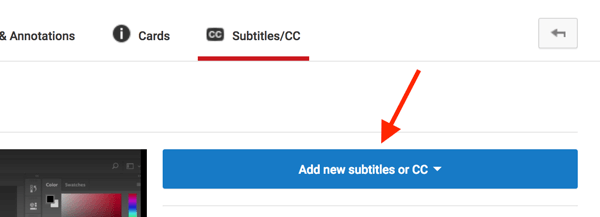 Open your YouTube video in Video Creator and click Add New Subtitles or CC.